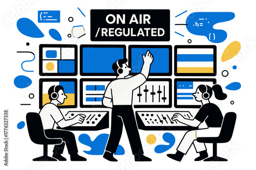 Broadcast Control Room. Television licensing and regulations ? Broadcast control room. Rows of glowing screens, engineers with headsets adjust sliders; lines