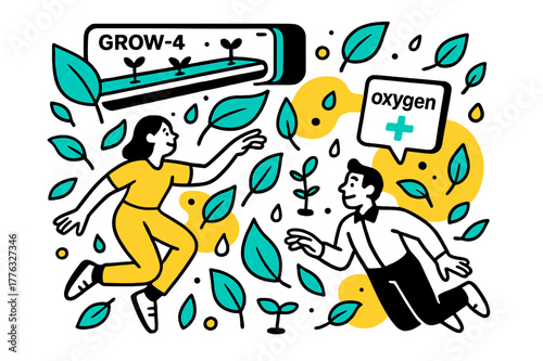 Floating Hydroponic Oasis. Hydroponics Module (GROW-). Leaves sway in zero-G around bright channel rails; a tablet shows ?oxygen +?. Droplets and tiny sprouts