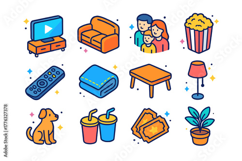Cozy Home Theater Icons. Home cinema. Colorful isometric vector icons set of home cinema: TV, sofa, family members, popcorn, remote, blanket, coffee table,