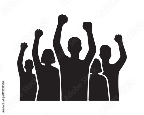 Silhouette of a crowd with raised fists, a vector icon for protest, revolution, and activism