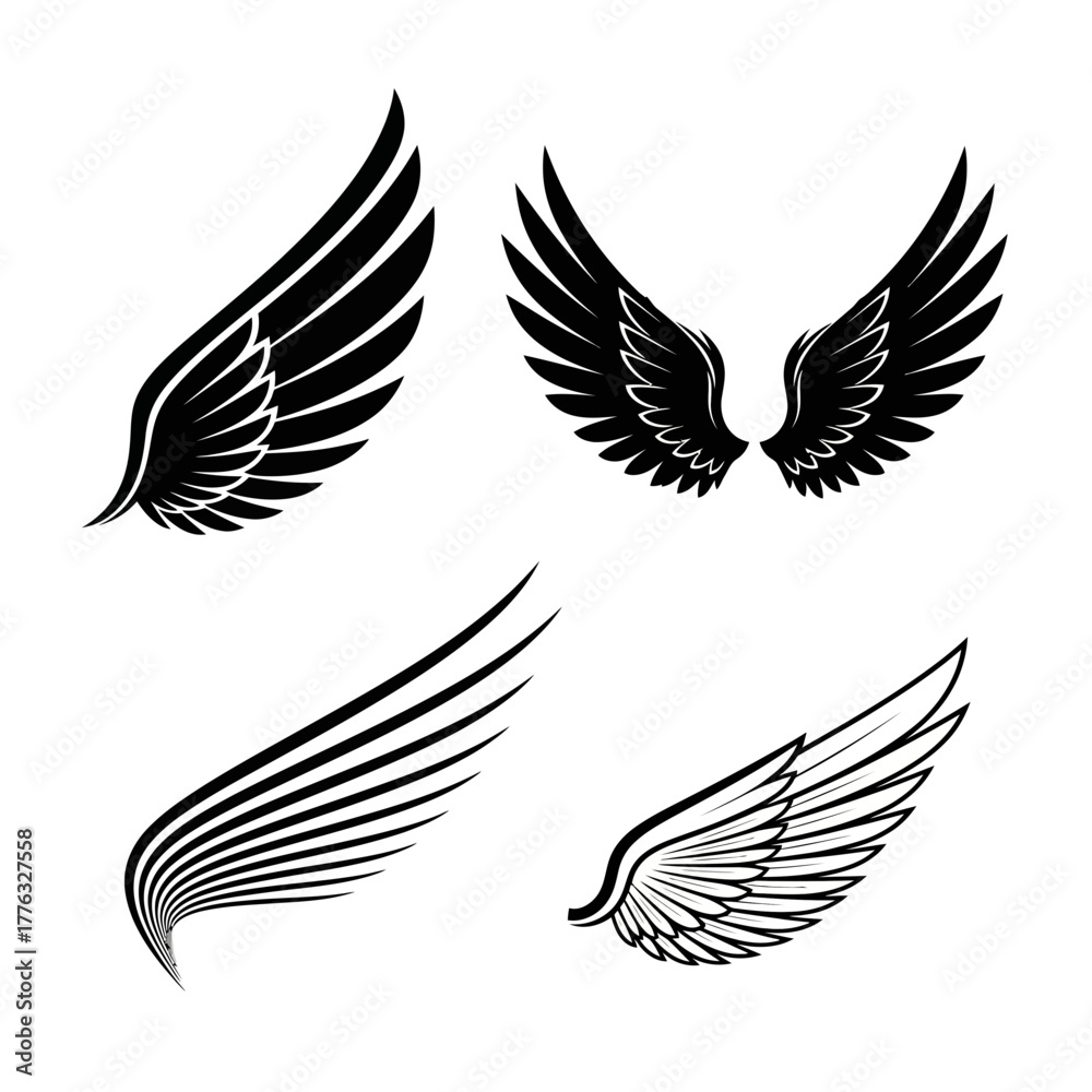Fototapeta premium Angel Wings Set Illustration – Black and White Feathered Wing Vector Collection