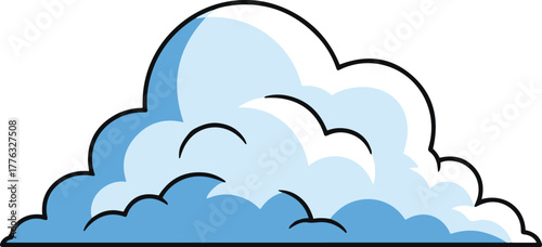 A vibrant vector cartoon illustration of a fluffy cumulus cloud, rendered in shades of light blue and white with a bold black outline, conveying a clear weather feel.