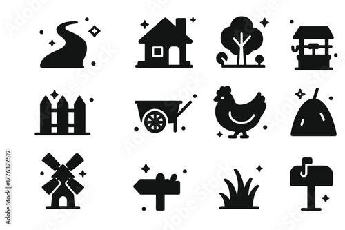 Village Road Icons. Village Road. Solid icons set of Village Road: dirt path, cottage house, fence, tree, cart, well, windmill, chicken, haystack, wooden sign,