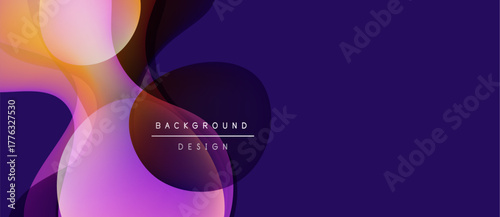 Abstract shapes overlap, creating vibrant gradients. Purple, orange hues dominate design. Text reads background design. Modern aesthetic.