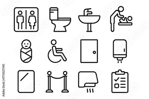 Inclusive Restroom Icons. Inclusive Restrooms. Line icon set of inclusive restrooms: restroom sign, toilet, sink, changing table, baby icon, wheelchair