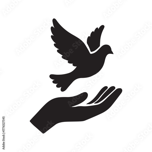 Hand releasing a dove silhouette vector on white background, a symbol of peace, freedom, and hope
