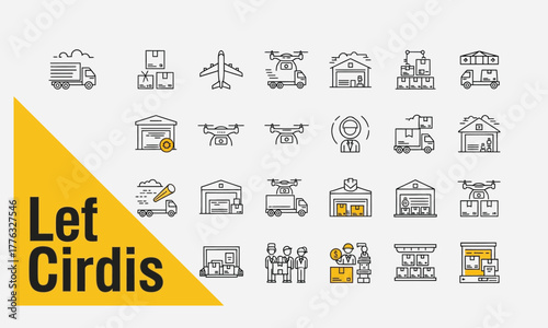 Logistic Icons Delivery Truck, Warehouse, Airplane, Drone, Cargo, Shipping, and Transportation Set