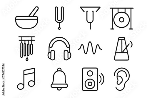 Sound Therapy Icons. Sound therapy. Line icon set of sound therapy: singing bowl, mallet, tuning fork, gong, chime, headphones, sound wave, metronome, music