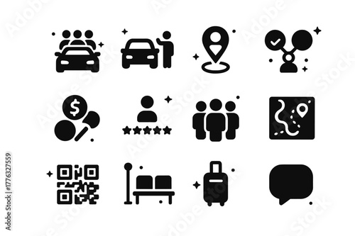 Carpool Icons Collection. Ride-sharing and carpooling. Solid icons set of ride-sharing and carpooling: carpool icon, ride-hailing car, pickup zone, matching