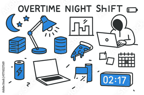 Night Shift Doodling. // Overtime night shift. Hand-drawn doodle illustration Overtime night shift [moon & stars (accented), desk lamp (accented), laptop,