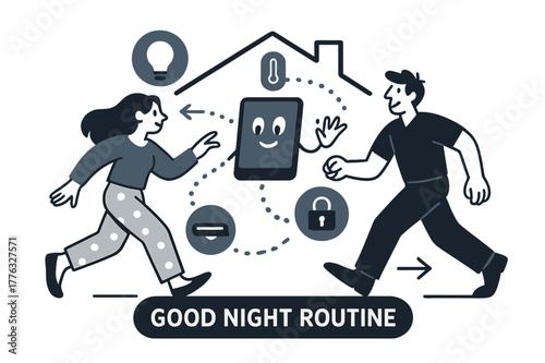 Smart Home Symphony. AI Assistants ? Smart Home Steward. The assistant orchestrates lights, thermostat, and locks; dotted signals flow house-wide. Tag ?good