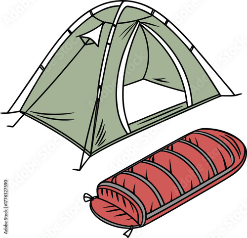 Camping tent and sleeping bag gear for outdoor adventure trip