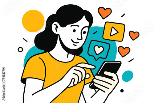 Influencer's Interactive Icons. Celebrity Influencer. Close-up of influencer?s hands holding a phone with floating abstract geometric social media icons and