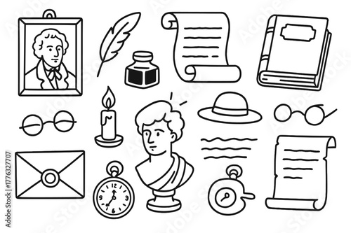 Classic Authors Icons. Classic authors. Hand-drawn doodle illustration classic authors quill, scroll, old book, ink bottle, candle, glasses, portrait frame,