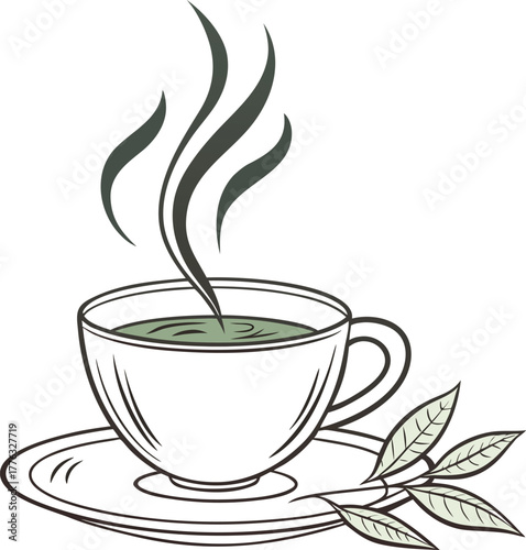 Steaming green tea cup with fresh leaves, line art, simple icon