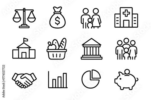 Social Welfare Icons. Social welfare economics. Line icon set of social welfare economics: scale balance, money bag, family, hospital, school, food basket,