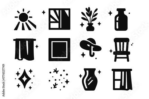 Golden Hour Icons. Golden Hour Window Light. Solid icons set of Golden Hour Window Light: low sun, warm rays, long shadows, window frame, dried flowers, amber