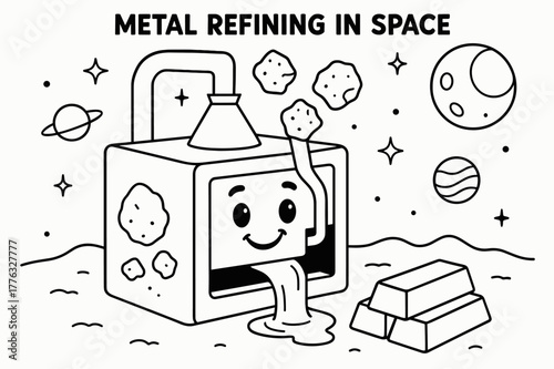 Space Smelter Coloring. Metal refining in space children?s coloring book illustration, outlined drawing, compact smelter box with a smiling face turning ore