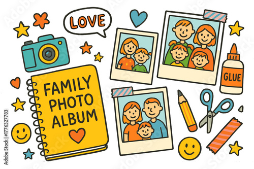 Doodle Family Memories. Family photo album. Colorful Hand-drawn doodle Children illustration Family photo album scrapbook, stickers, camera, hearts, Polaroid