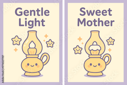 Gentle Lamp Banners. Tender Lamp. Two vertical A6 banners with safe margins, centered composition, no elements touching edges, kawaii, lavender and butter