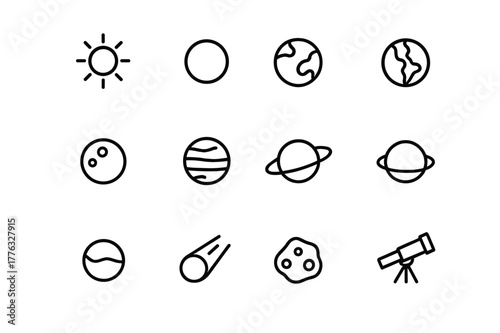 Planetary System Icons. Planetary system. Line icon set of planetary system: sun, mercury, venus, earth, mars, jupiter, saturn, uranus, neptune, comet,