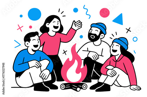 Campfire Laughter. Laughing in a Group. People gathered around a campfire laughing with floating abstract geometric shapes and soft glowing accents, cozy and