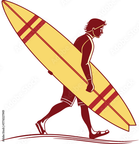 Surfer walking with surfboard for summer beach sports activity.
