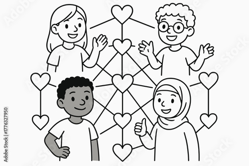 Diverse Friends' Heart Web. Relationship anarchy children?s coloring book illustration, outlined drawing, group of diverse friends creating a web of hearts,