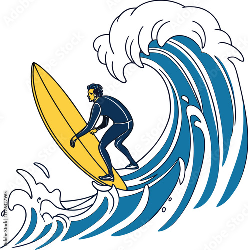 Surfer riding a large blue ocean wave with yellow surfboard art