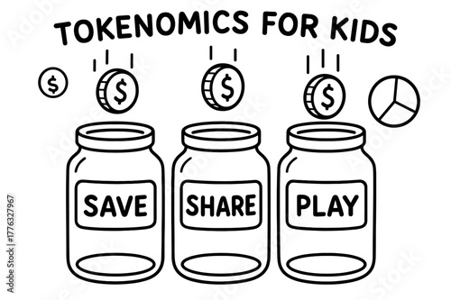 Tokenomics Coloring Fun. Tokenomics for kids children?s coloring book illustration, outlined drawing, three jars labeled ?Save,? ?Share,? and ?Play? with coin