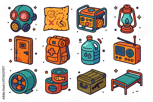 Post-Apocalyptic Shelter Icons. Post-apocalyptic shelter. Colorful isometric vector icons set of post-apocalyptic shelter: gas mask, old map, generator, oil