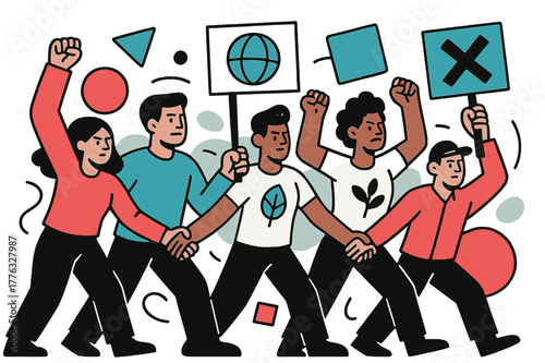 Dynamic Environmental Activism. Environmental Protests. Protesters forming a human chain with floating abstract geometric shapes and green accents, strong and