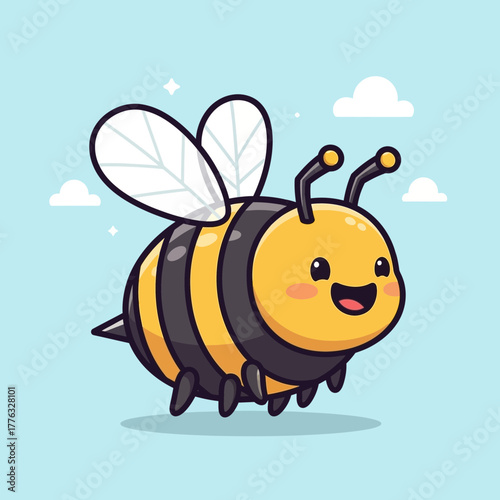 Cute Cartoon Bee Illustration – Happy Kawaii Honey Bee Character Vector Icon