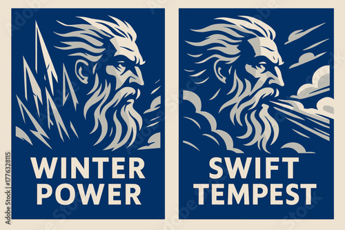 Boreas Winter Tempest. Storm Herald. Two vertical A6 banners with safe margins, centered composition, no elements touching edges, bold, cobalt and ice gray,