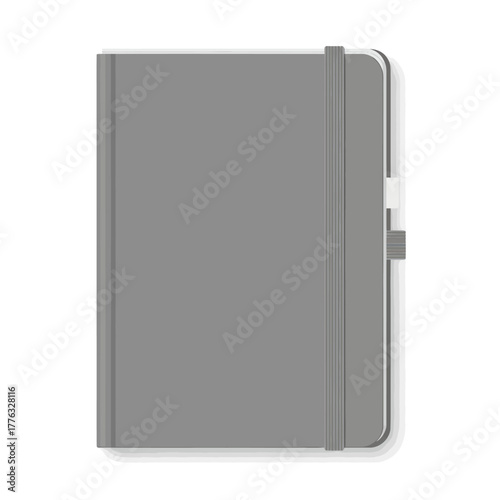 A closed grey hardcover notebook with an elastic band and a side pen loop.