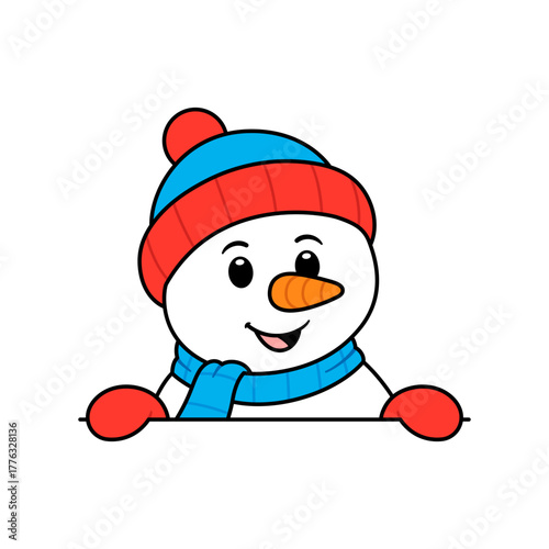 Cartoon Peeking Snowman Flat Illustration