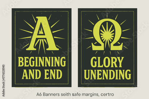Alpha and Omega Banners. Alpha and Omega. Two vertical A6 banners with safe margins, centered composition, no elements touching edges, retro, charcoal and neon