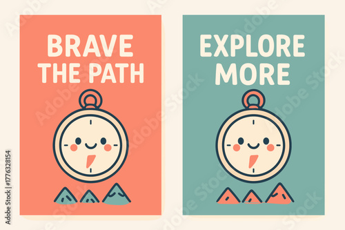 Kawaii Adventure Banners. Adventure. Two vertical A6 banners with safe margins, centered composition, no elements touching edges, kawaii, coral and teal,