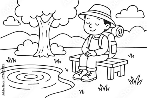 Traveler's Peaceful Pause. Peaceful reflection stop children?s coloring book illustration, outlined drawing, a traveler sitting calmly on a bench under a tree