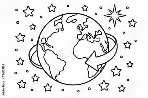 Rotating Earth Coloring Page. Stars and Earth?s rotation children?s coloring book illustration, outlined drawing, a globe showing a curved arrow of rotation
