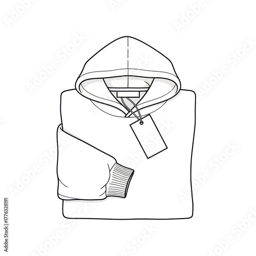 Black and white line drawing of a neatly folded hoodie with a blank price tag attached.