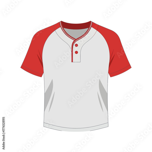 Blank two-button baseball jersey with red raglan sleeves. Vector sport shirt mockup template for team uniform design.
