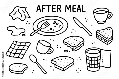 Post-Meal Chaos. After Meal. Hand-drawn doodle illustration After Meal crumpled napkin, plate, fork, knife, spilled drink, crumbs, coffee cup, bread, sandwich,