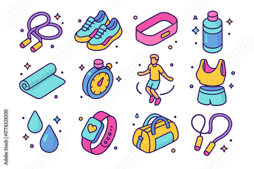 Colorful Fitness Icons. Exercise routine. Colorful isometric vector icons set of exercise routine: skipping rope, sneakers, sweatband, water bottle, gym mat,