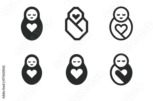 New Parent Logo Variants. new parent anxiety. Set Logo of new parent anxiety: Swaddle wrap with heart. Icon set. harmonious logo variations of the same