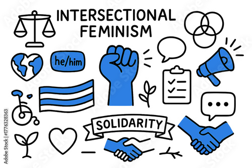 Intersectional Feminism Icons. Intersectional feminism. Hand-drawn doodle illustration intersectional feminism raised fist (accented), overlapping circles
