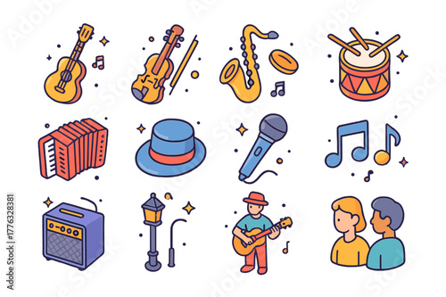 Colorful Busker Icons. Music busker. Colorful isometric vector icons set of music busker: guitar, violin, saxophone, drum, accordion, hat for tips, microphone,