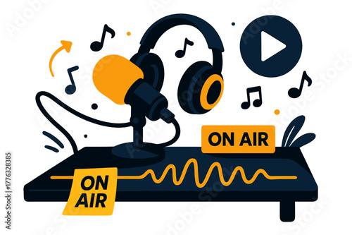 Dynamic Radio Studio Scene. Radio Studio Desk. A sleek desk with a glowing waveform skimming across the surface; sticky tag reads ?ON AIR?. Headphones rest