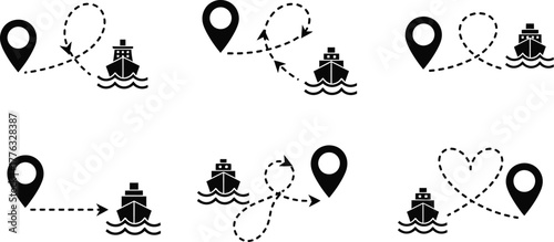 Ship route vector icon set boat travel destination concept