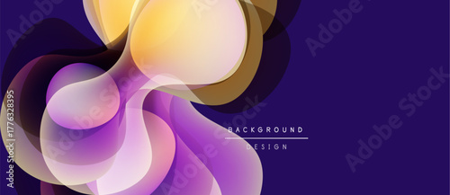 Abstract fluid shapes overlap, creating vibrant color gradients. Purple dominates background, with yellow highlights. Modern design element.
